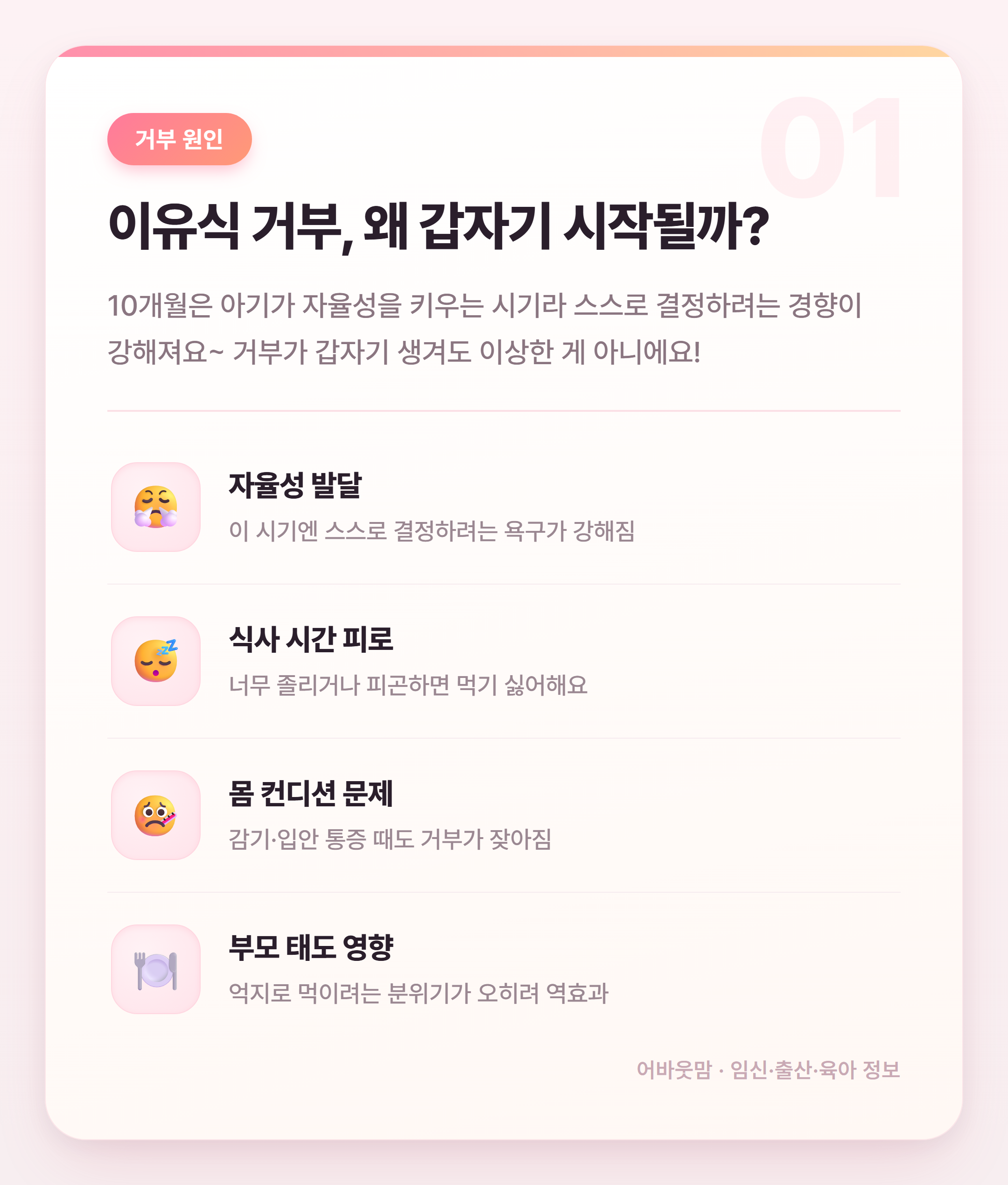 10개월 아기 이유식 거부 원인과 대처법 총정리 설명 카드