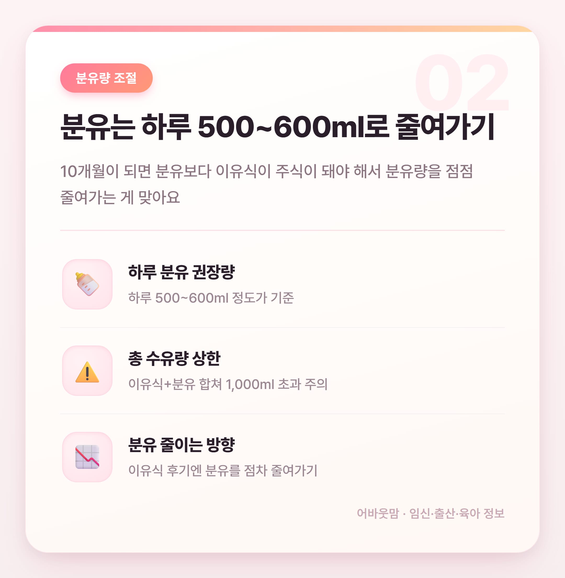 10개월 아기 이유식·분유량 정리 설명 카드