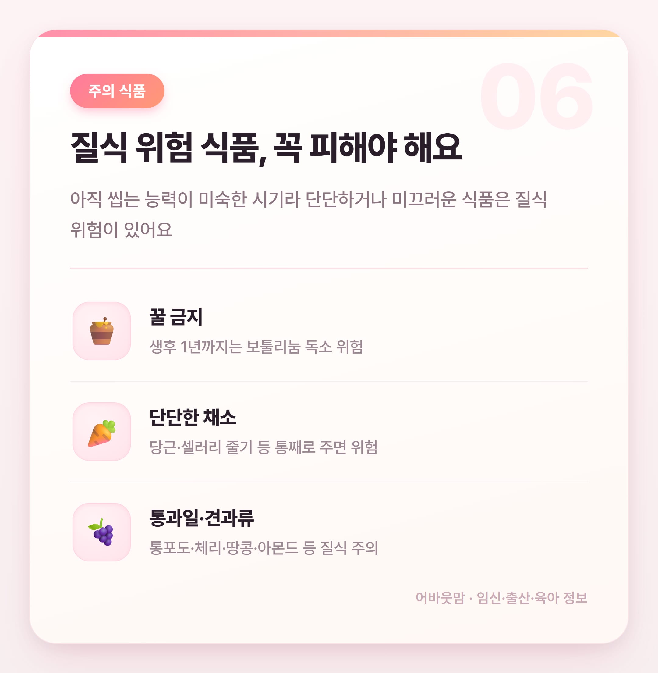 12개월 유아식 식단 시작 전 꼭 알아야 할 것들 설명 카드