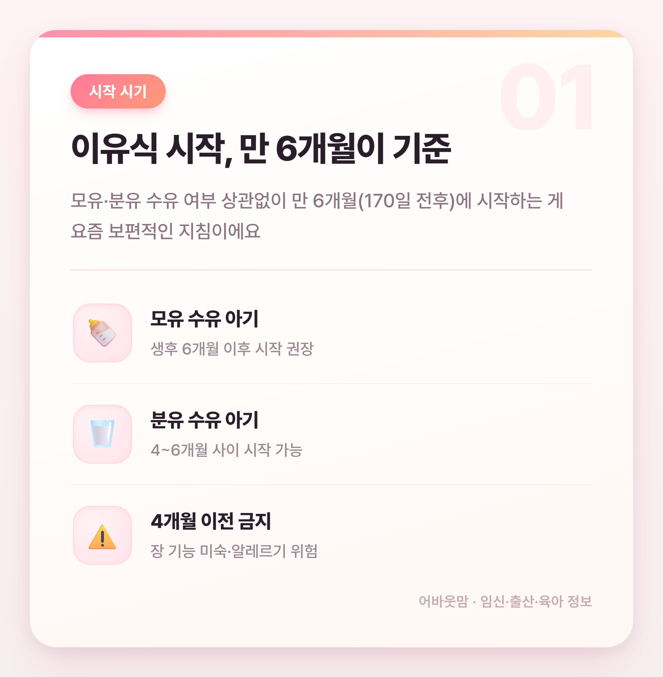이유식 시작시기 170일 기준 단계별 정리 설명 카드