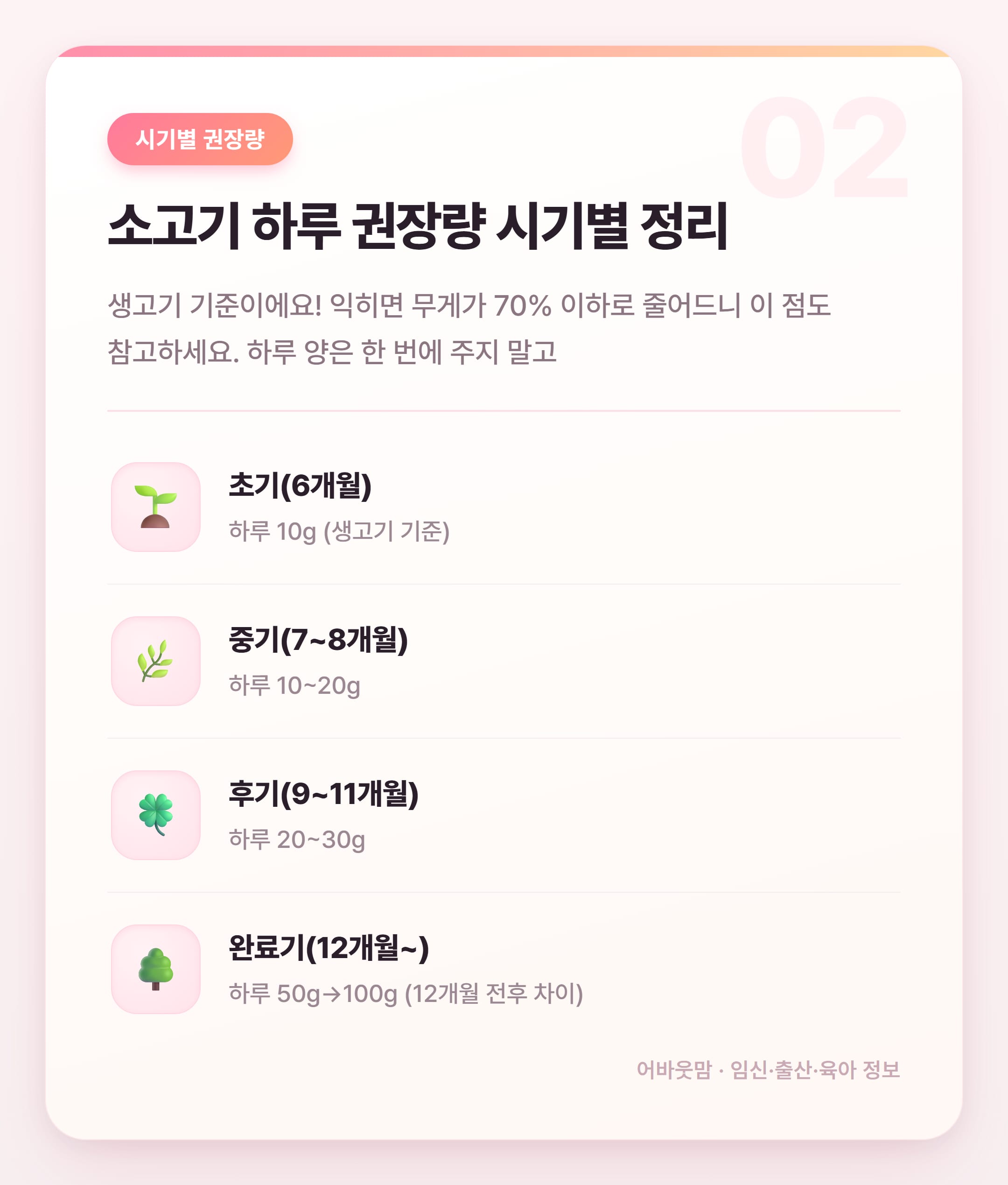 이유식 소고기 양 시기별 총정리 2026 설명 카드