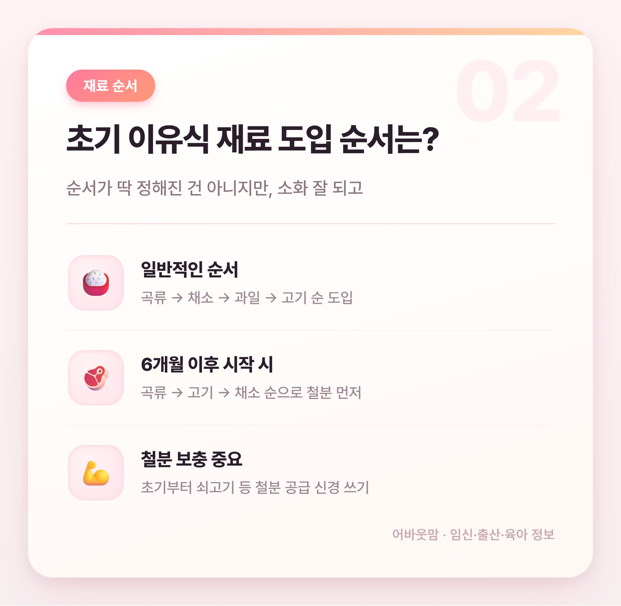 초기 이유식 재료 순서 실전 정리 2026 설명 카드