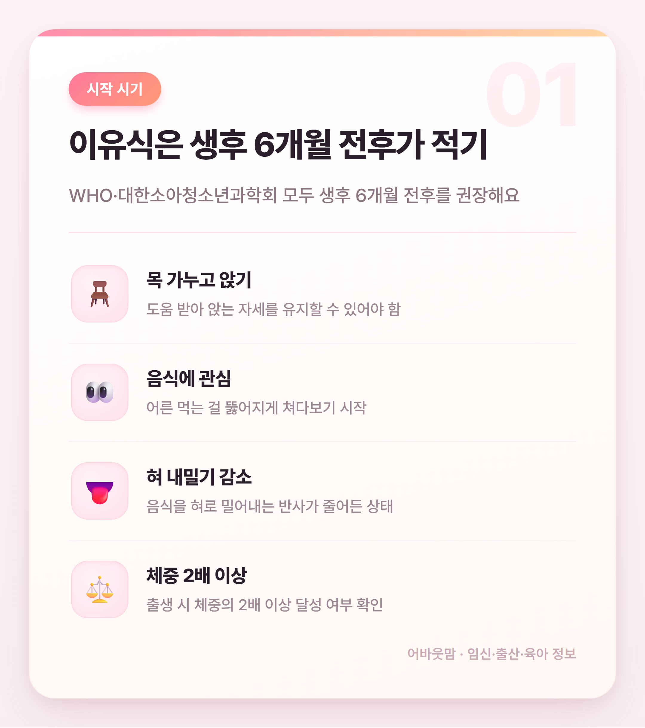 생후 6개월 초기 이유식 시작 시기와 재료 순서 설명 카드