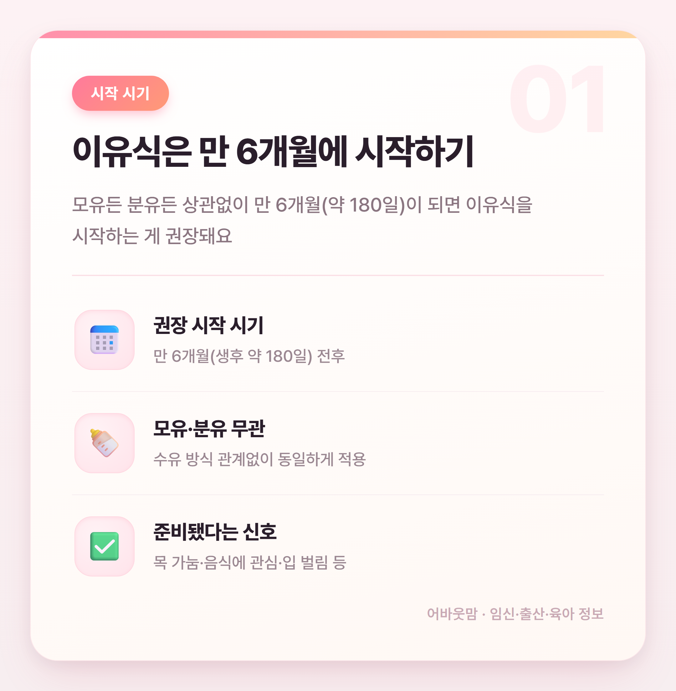 6개월 아기 초기 이유식 식단표 총정리 설명 카드