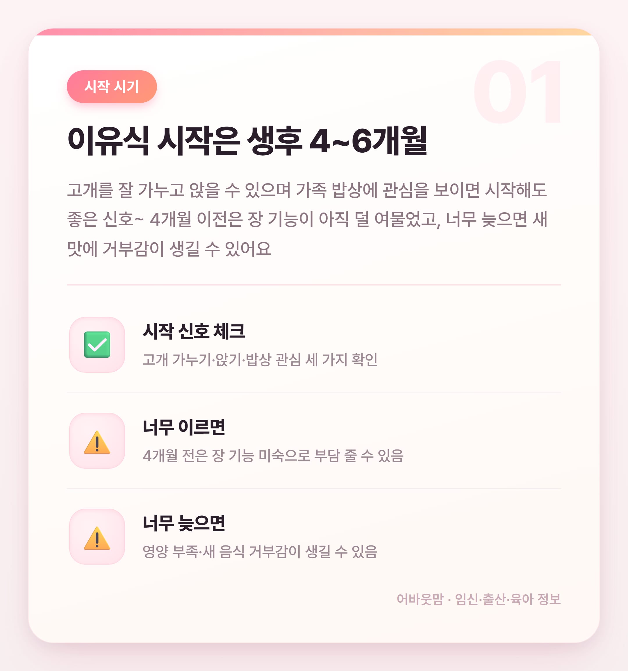 6개월 아기 이유식 식단표 처음부터 정리 설명 카드