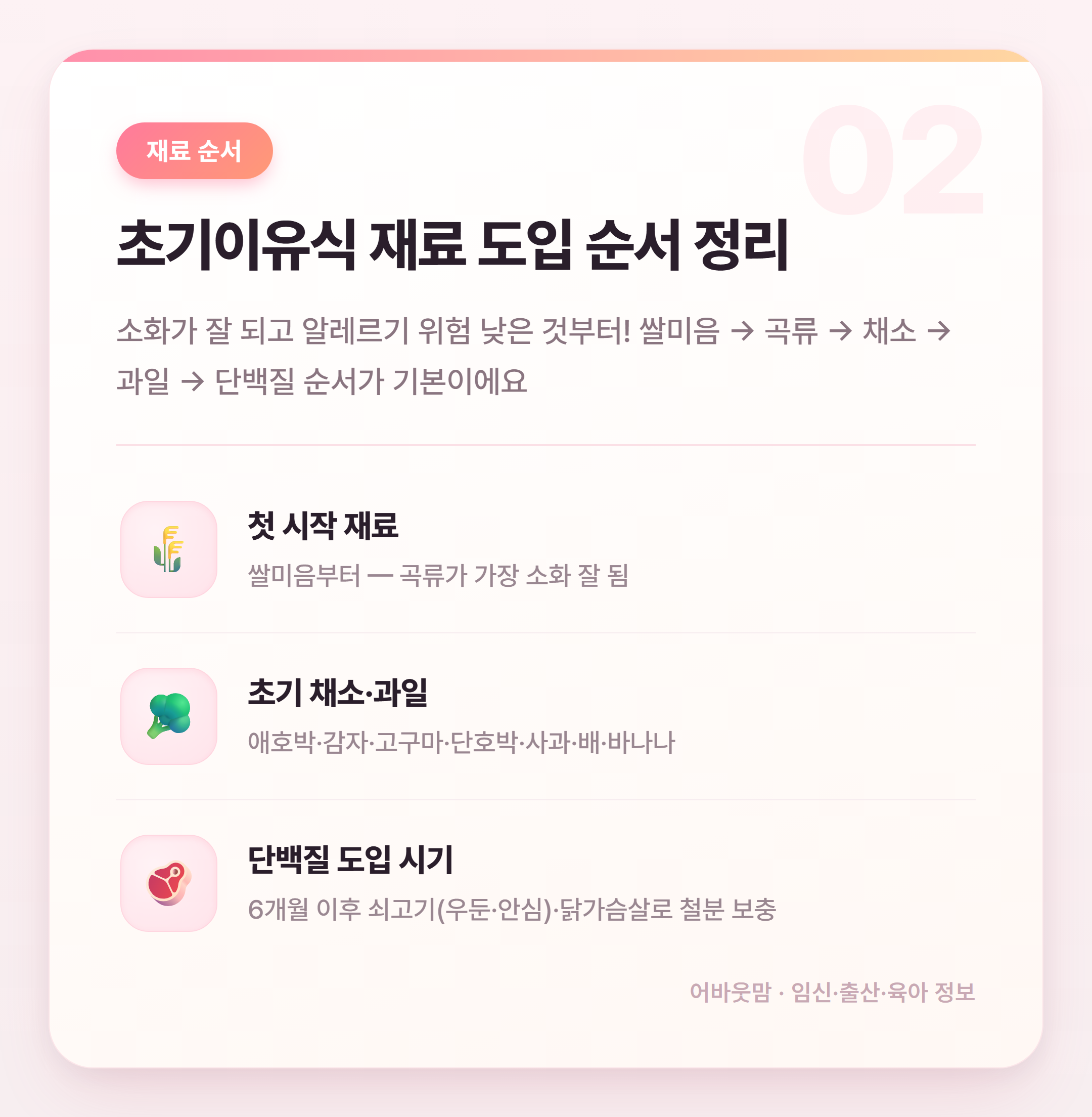 초기이유식 재료 뭐부터 시작할까 6개월 기준 정리 설명 카드