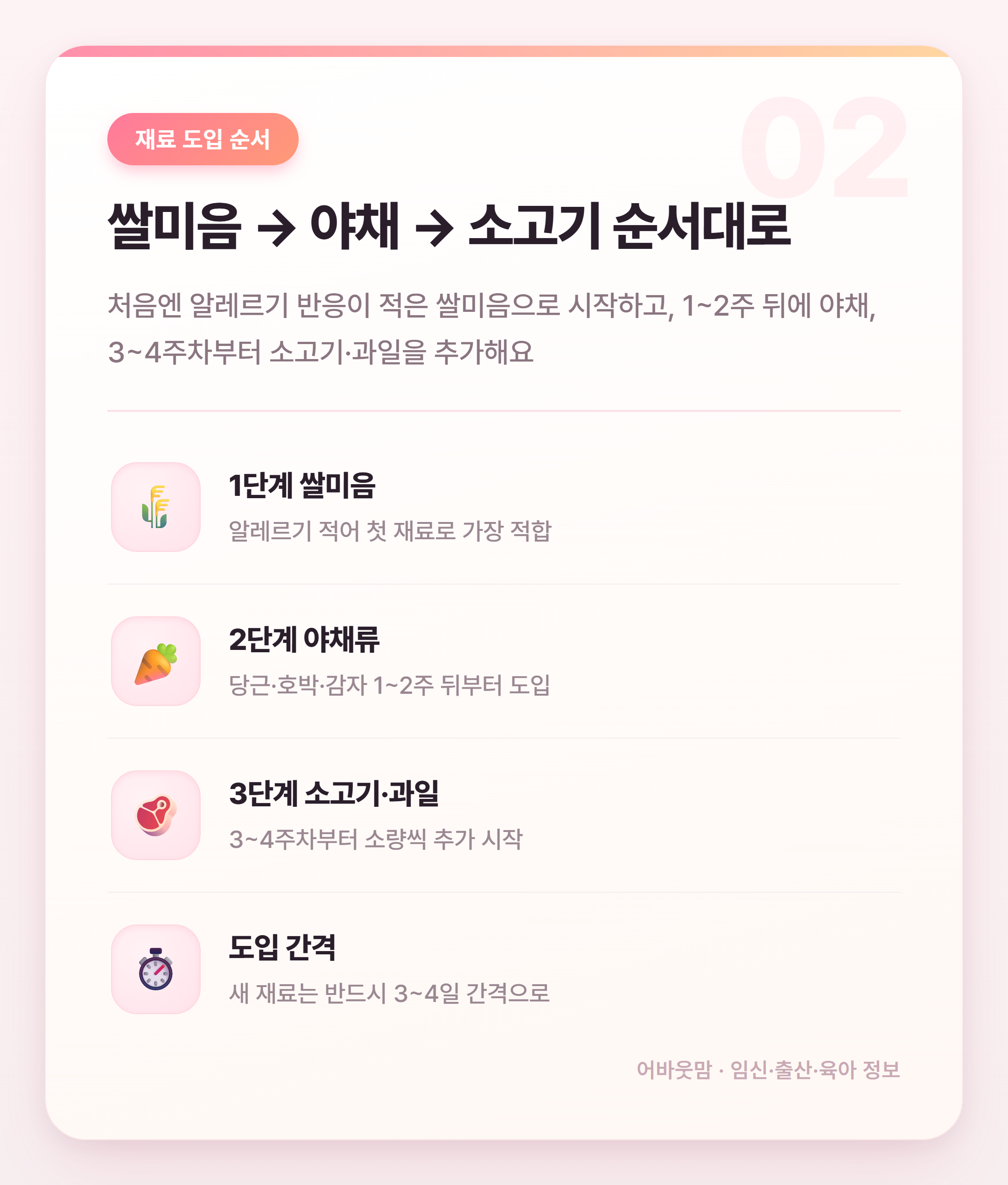 6개월 아기 초기 이유식 식단표 총정리 설명 카드