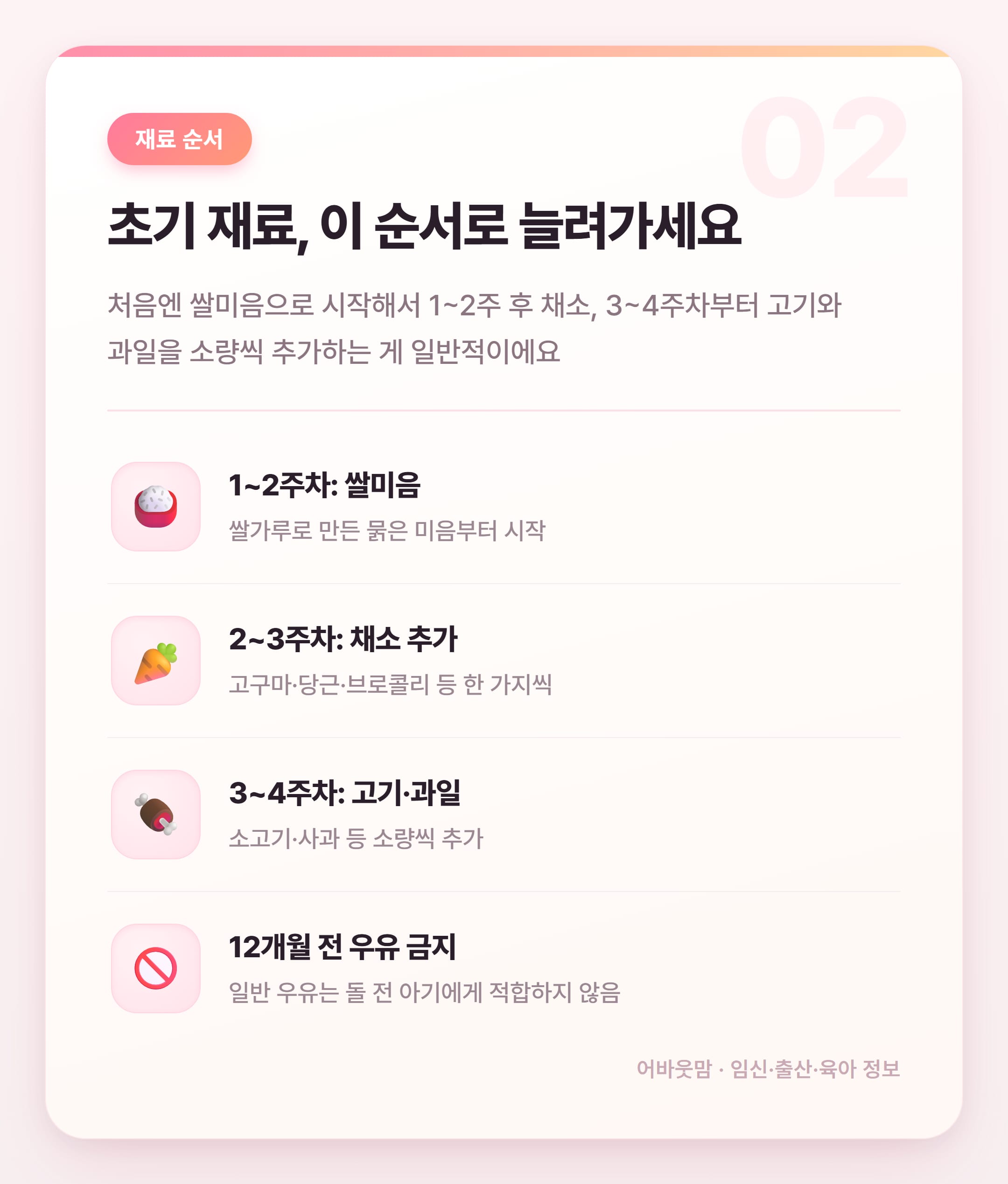 6개월 아기 이유식 식단표 처음부터 정리 설명 카드