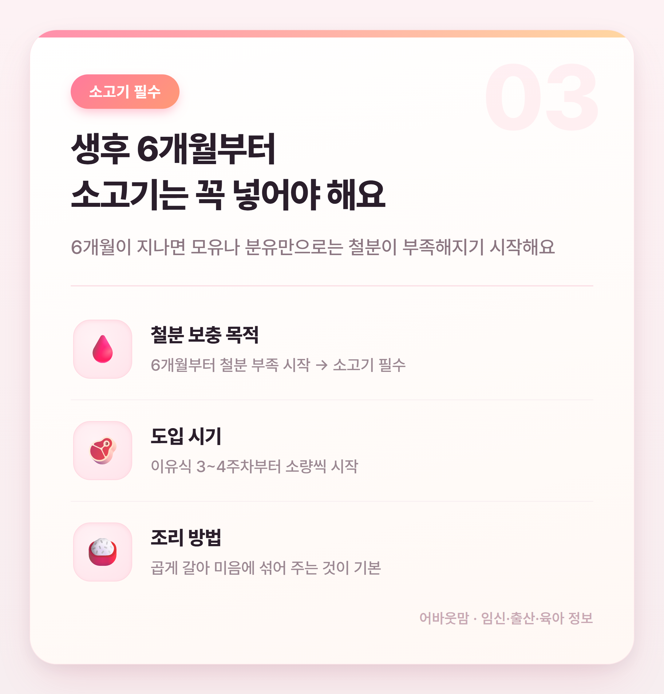 6개월 아기 초기 이유식 식단표 총정리 설명 카드