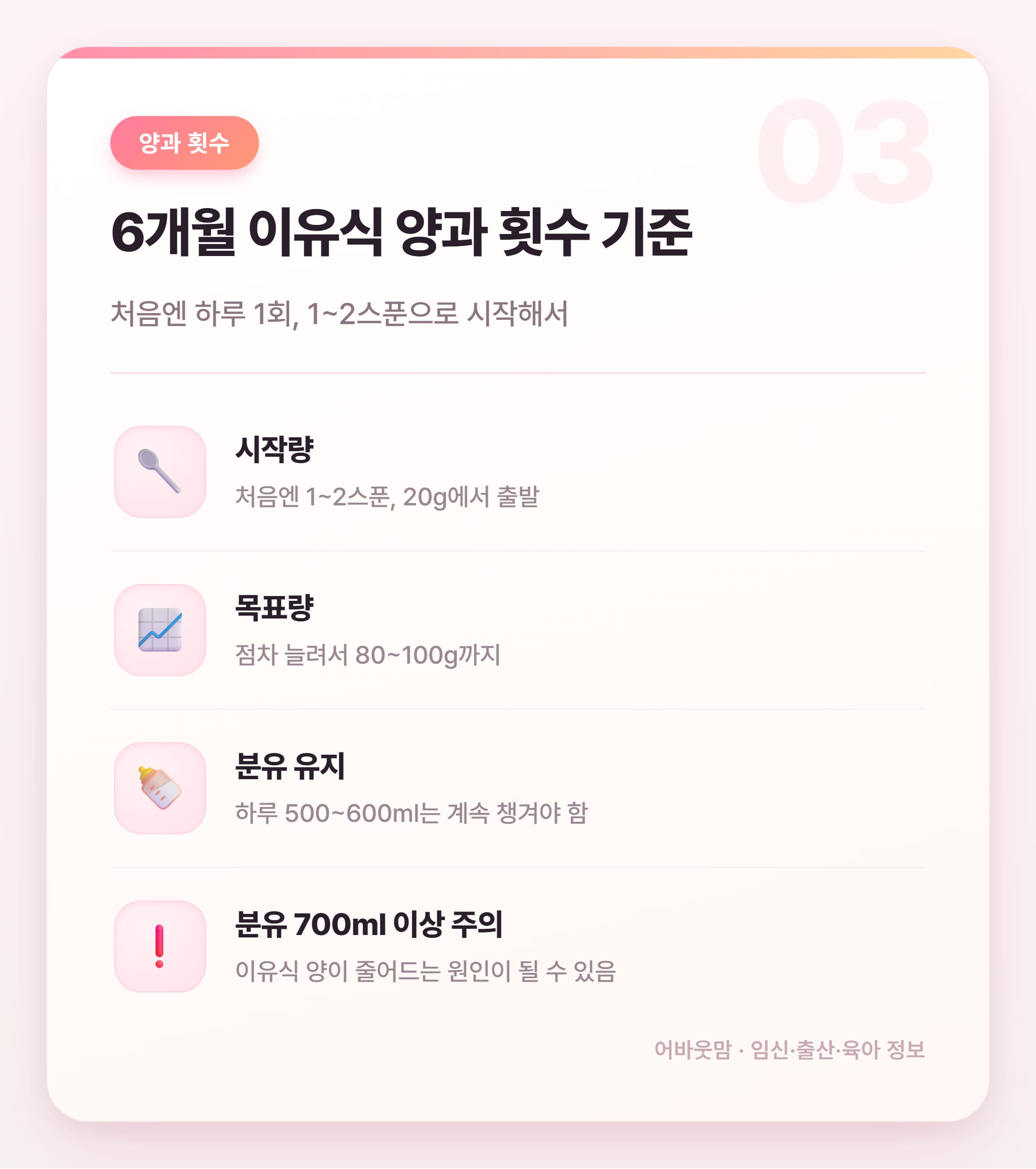 6개월 아기 이유식 식단표 처음부터 정리 설명 카드