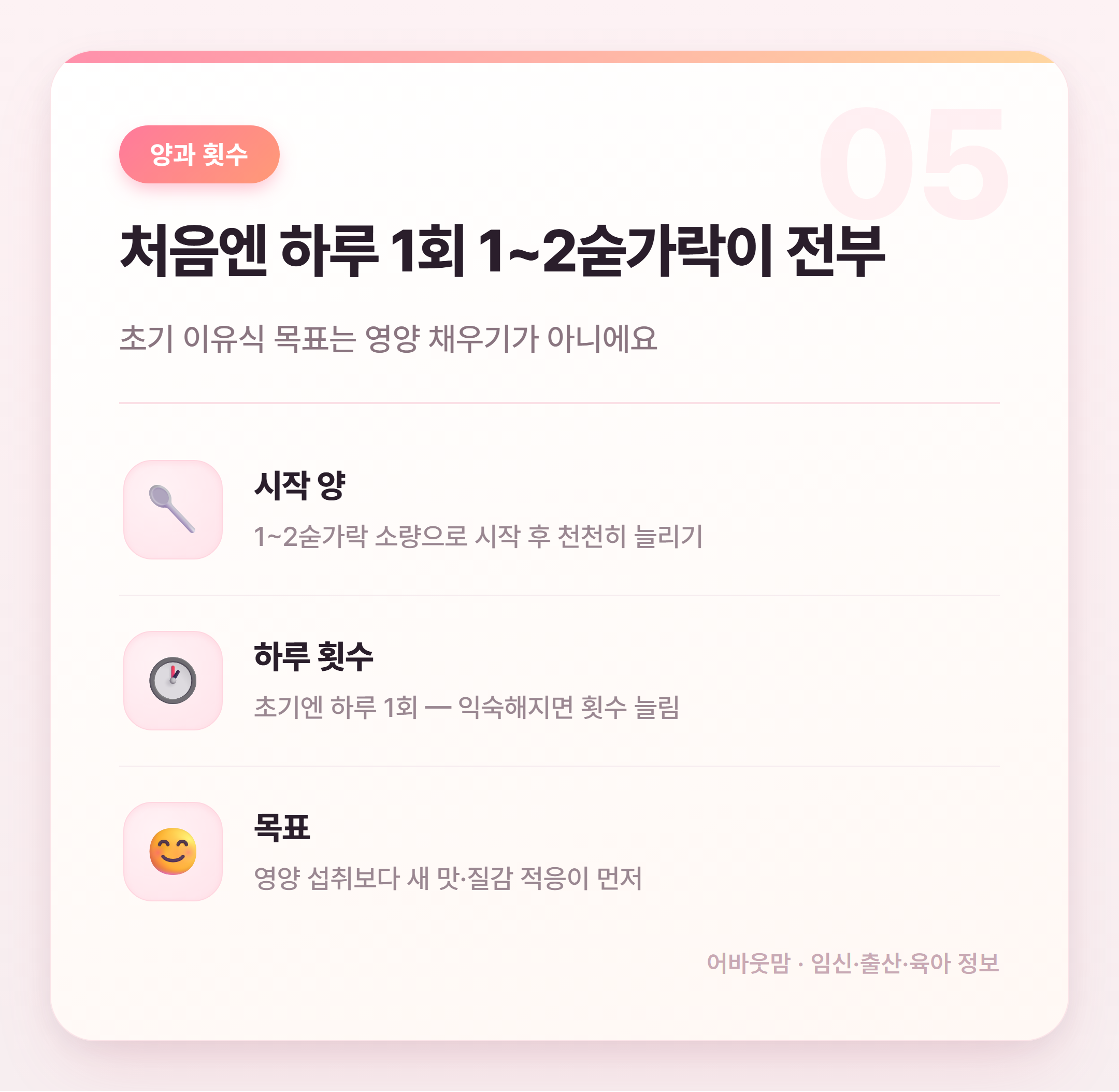 생후 6개월 초기 이유식 시작 시기와 재료 순서 설명 카드
