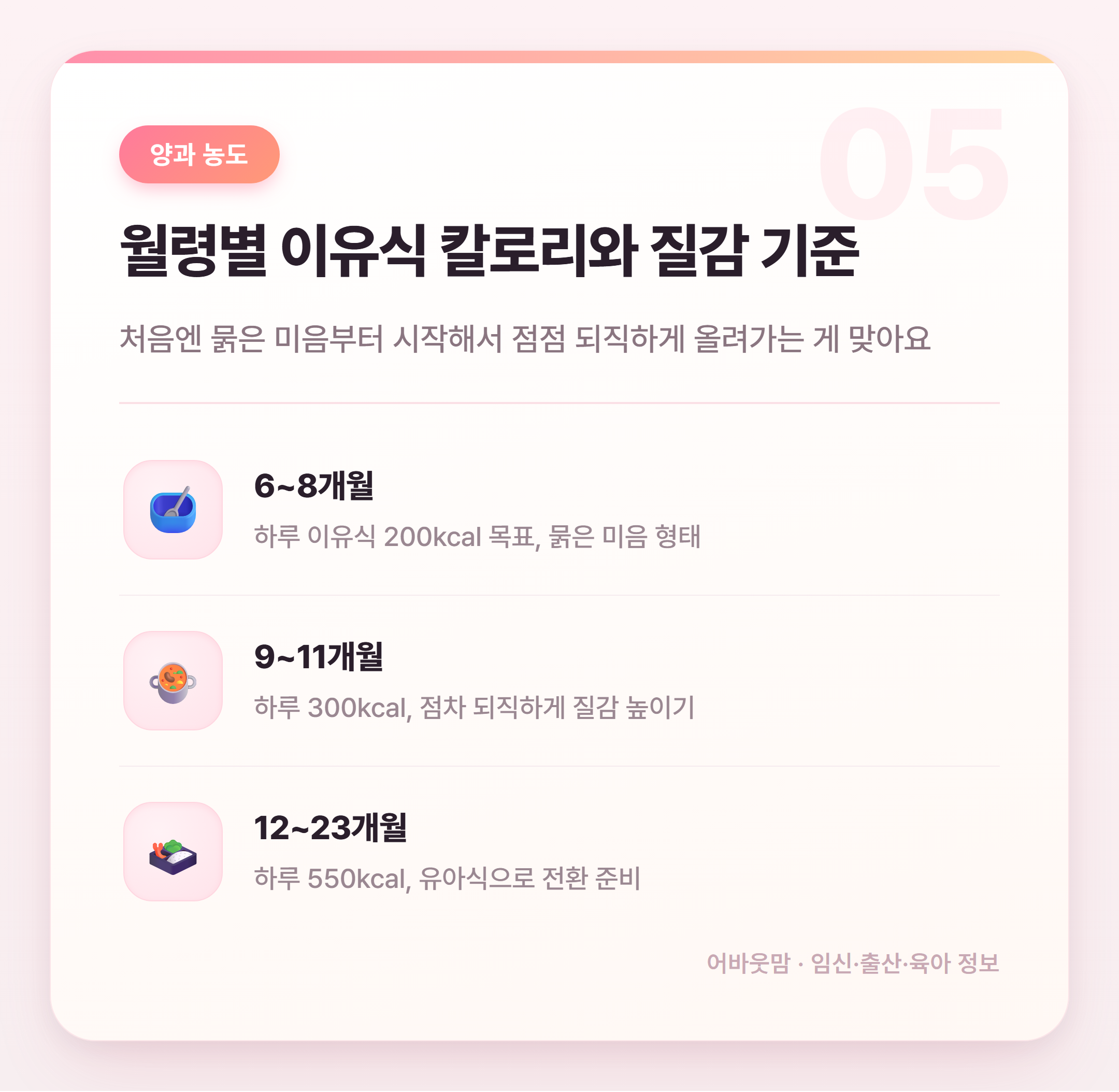초기이유식 재료 뭐부터 시작할까 6개월 기준 정리 설명 카드