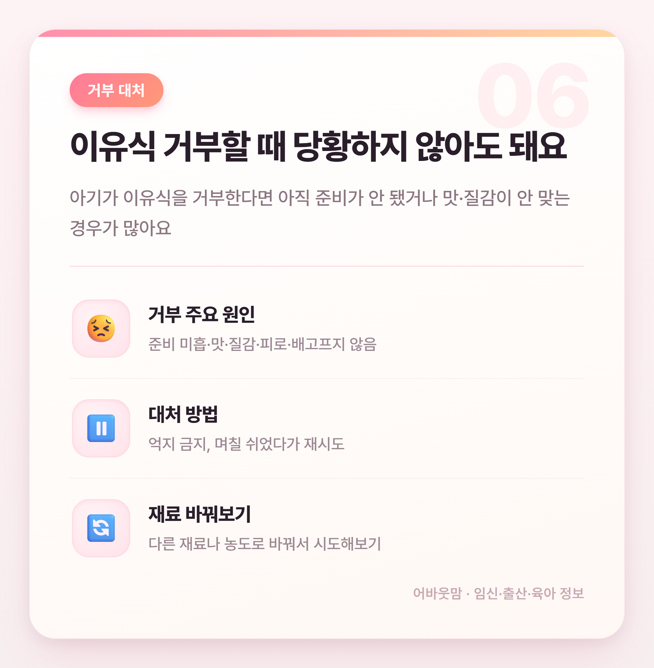 6개월 아기 초기 이유식 식단표 총정리 설명 카드