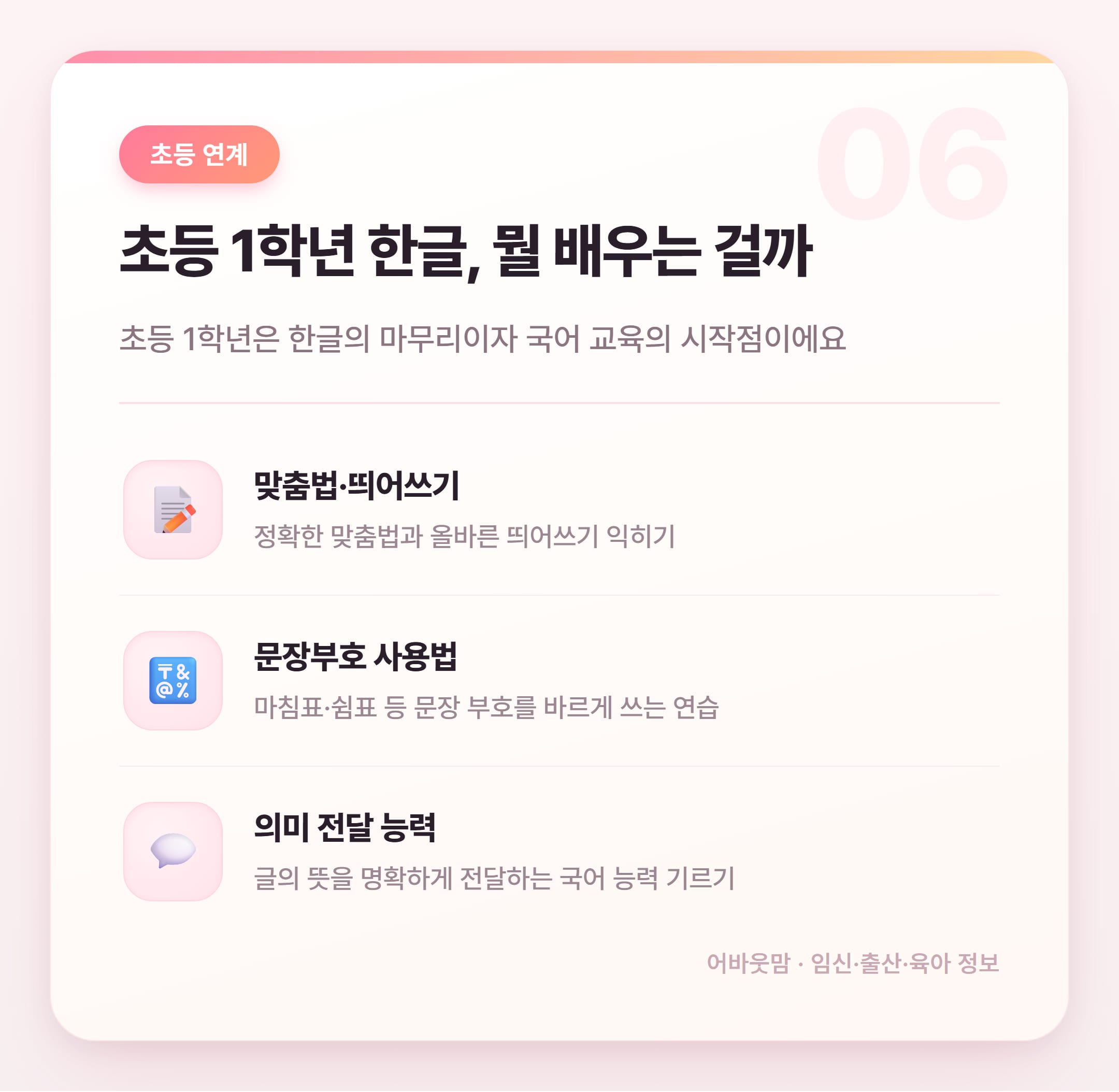 6세 한글공부 언제 어떻게 시작할까 설명 카드