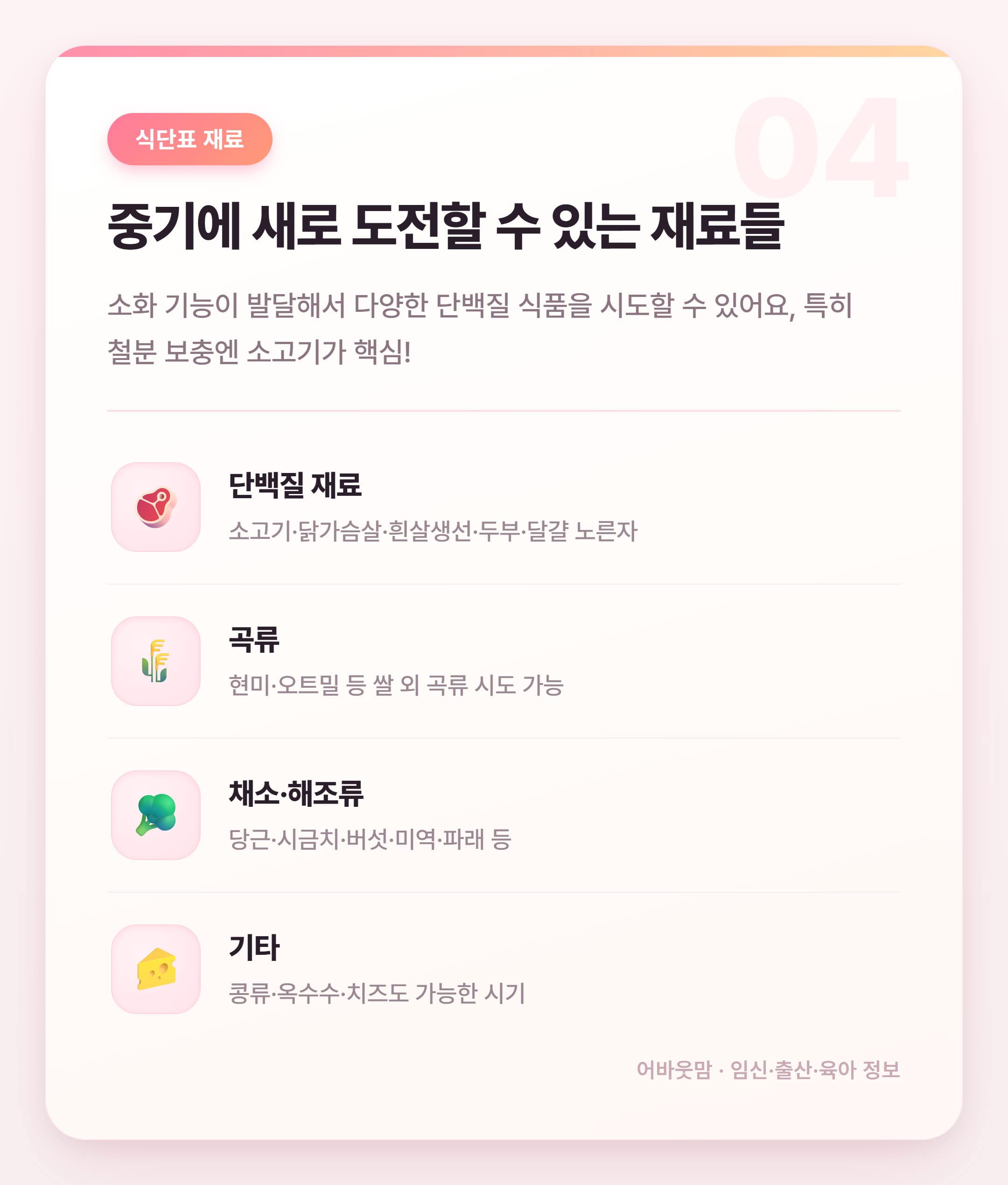 7개월 중기이유식 식단표 실전 정리 설명 카드