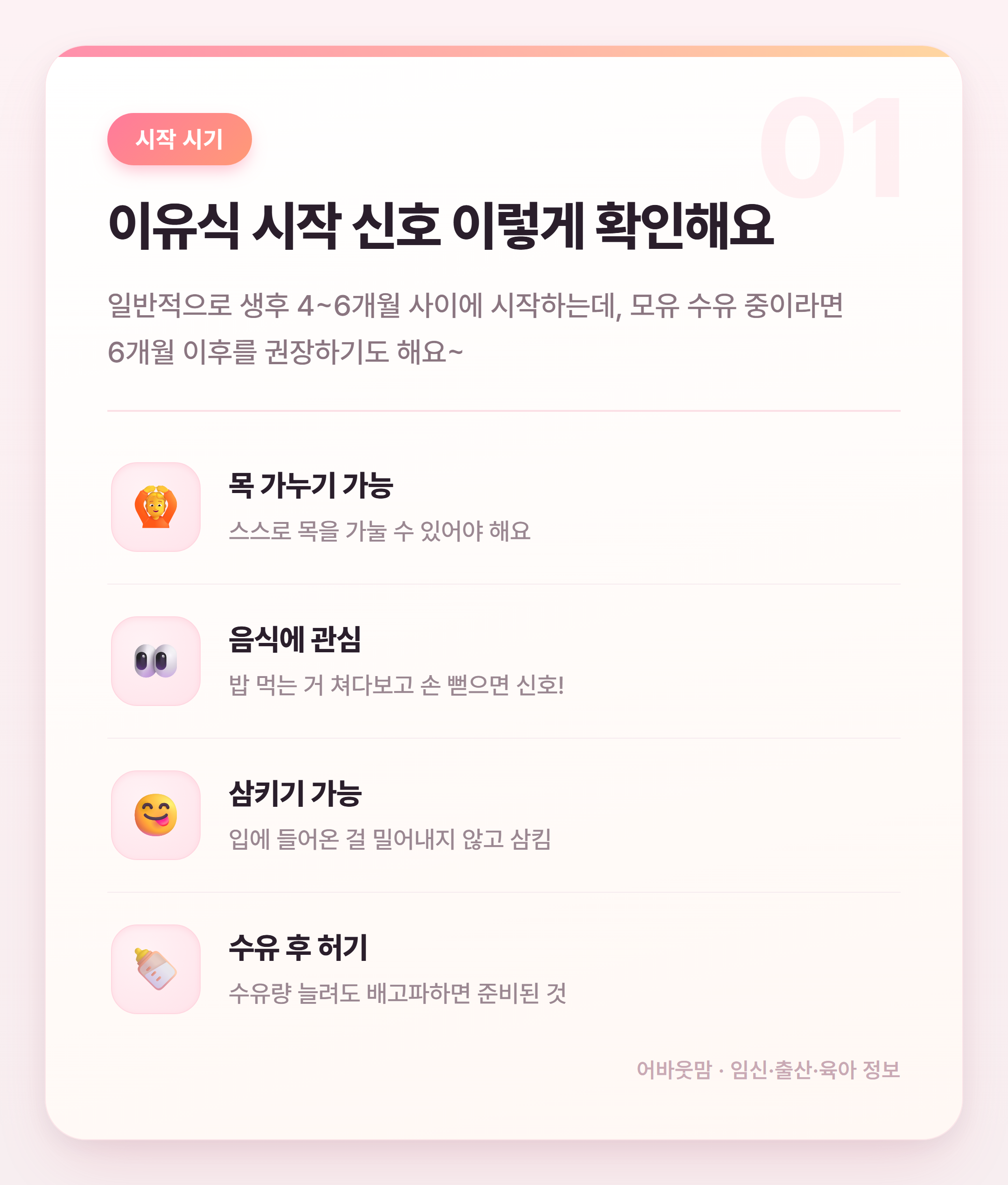 초기 이유식 식단표 공유 + 실전 팁 정리 설명 카드