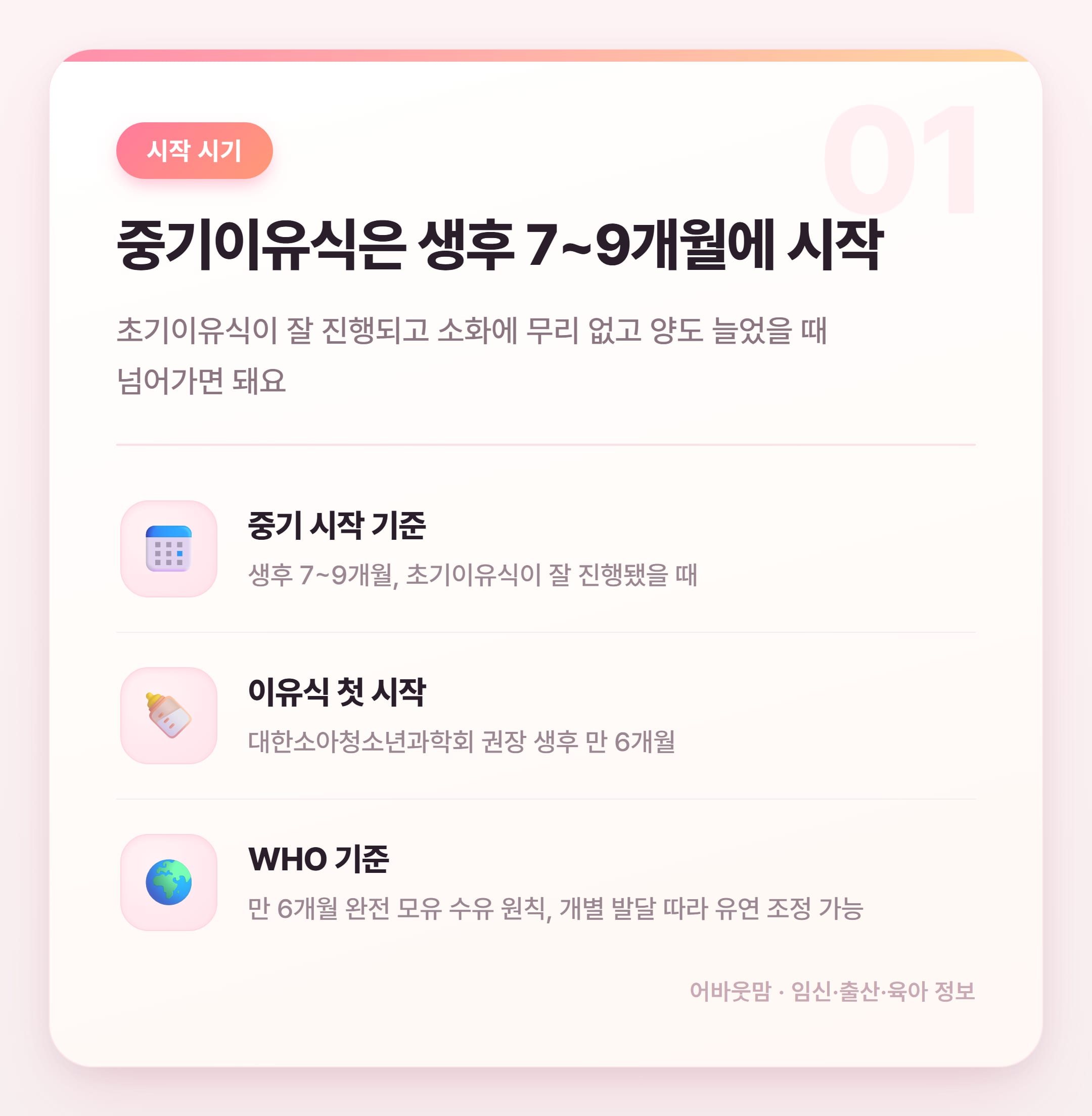 중기이유식 시작 시기와 진행 방법 총정리 설명 카드