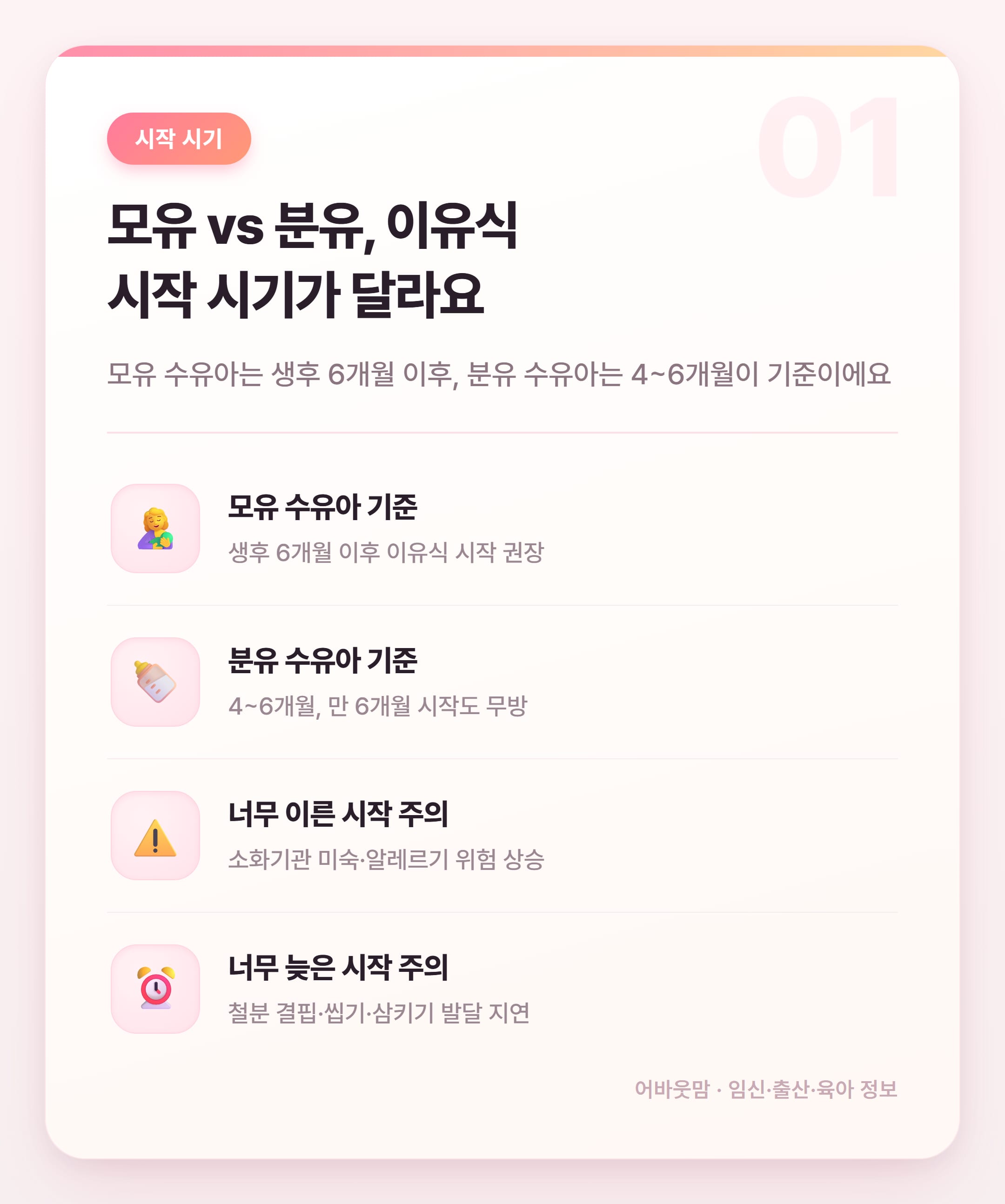이유식 시작시기, 모유 수유 중이라면? 설명 카드