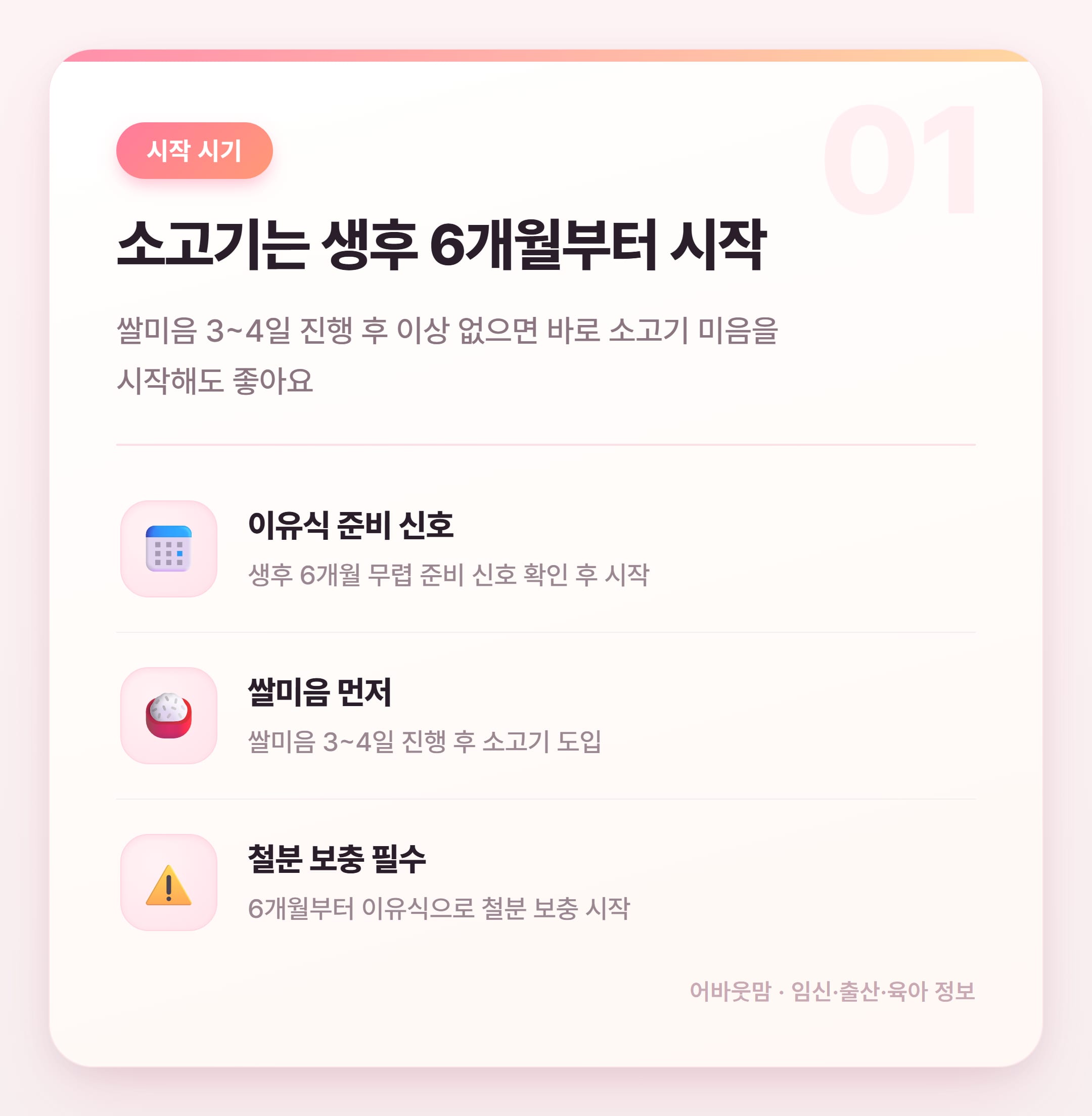 초기 이유식 소고기 시작 시기와 양 총정리 설명 카드