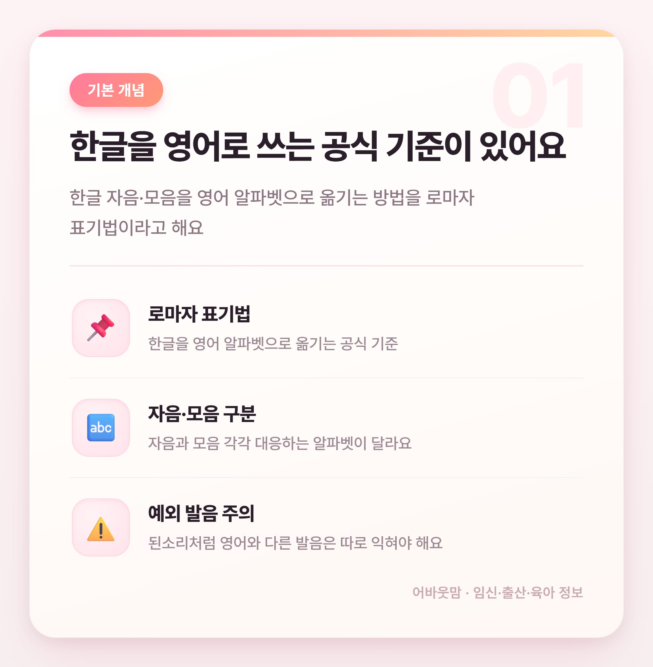한글 자음 모음 영어로 표기하는 법 정리 설명 카드