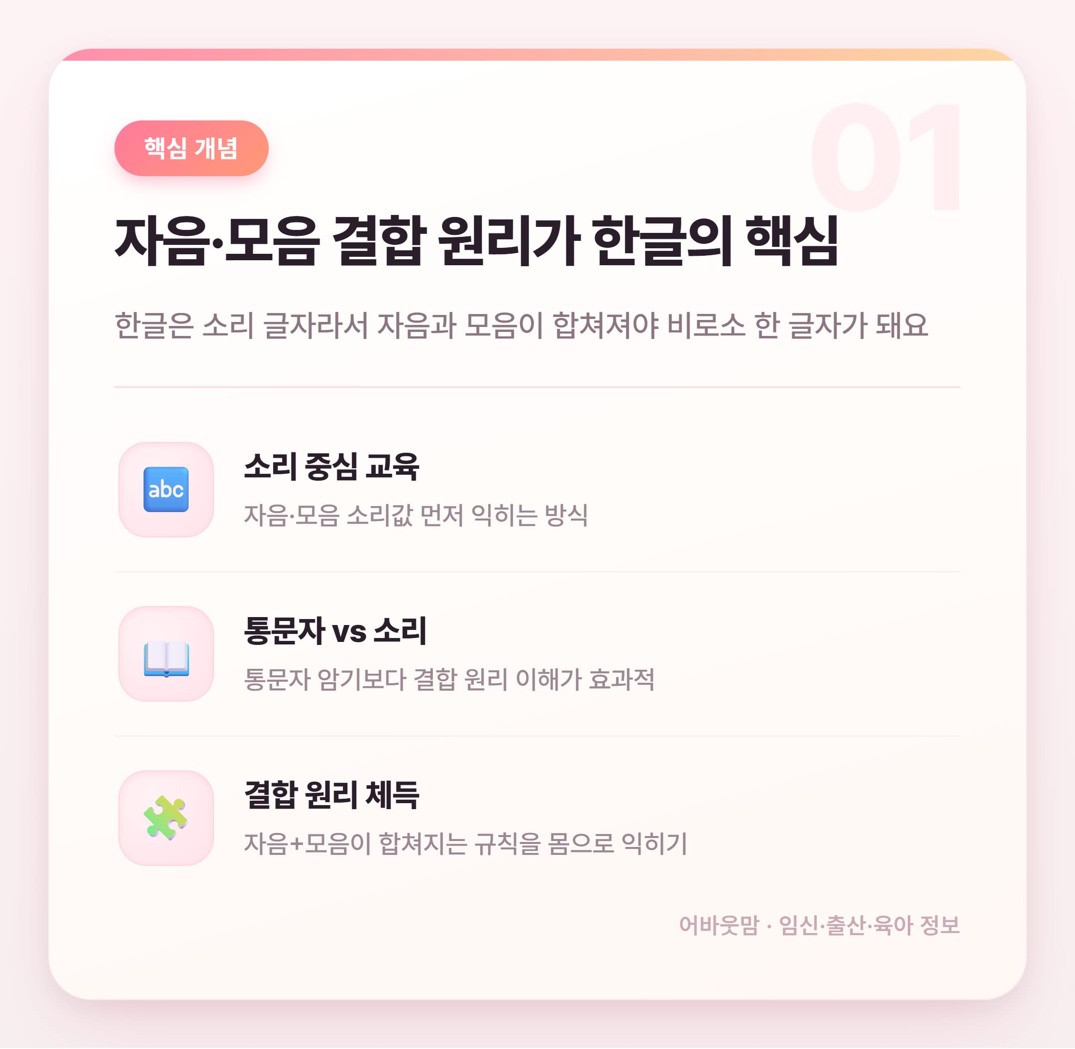 한글 자음 모음 분리 현상, 유아 한글 교육에서 왜 생길까 설명 카드
