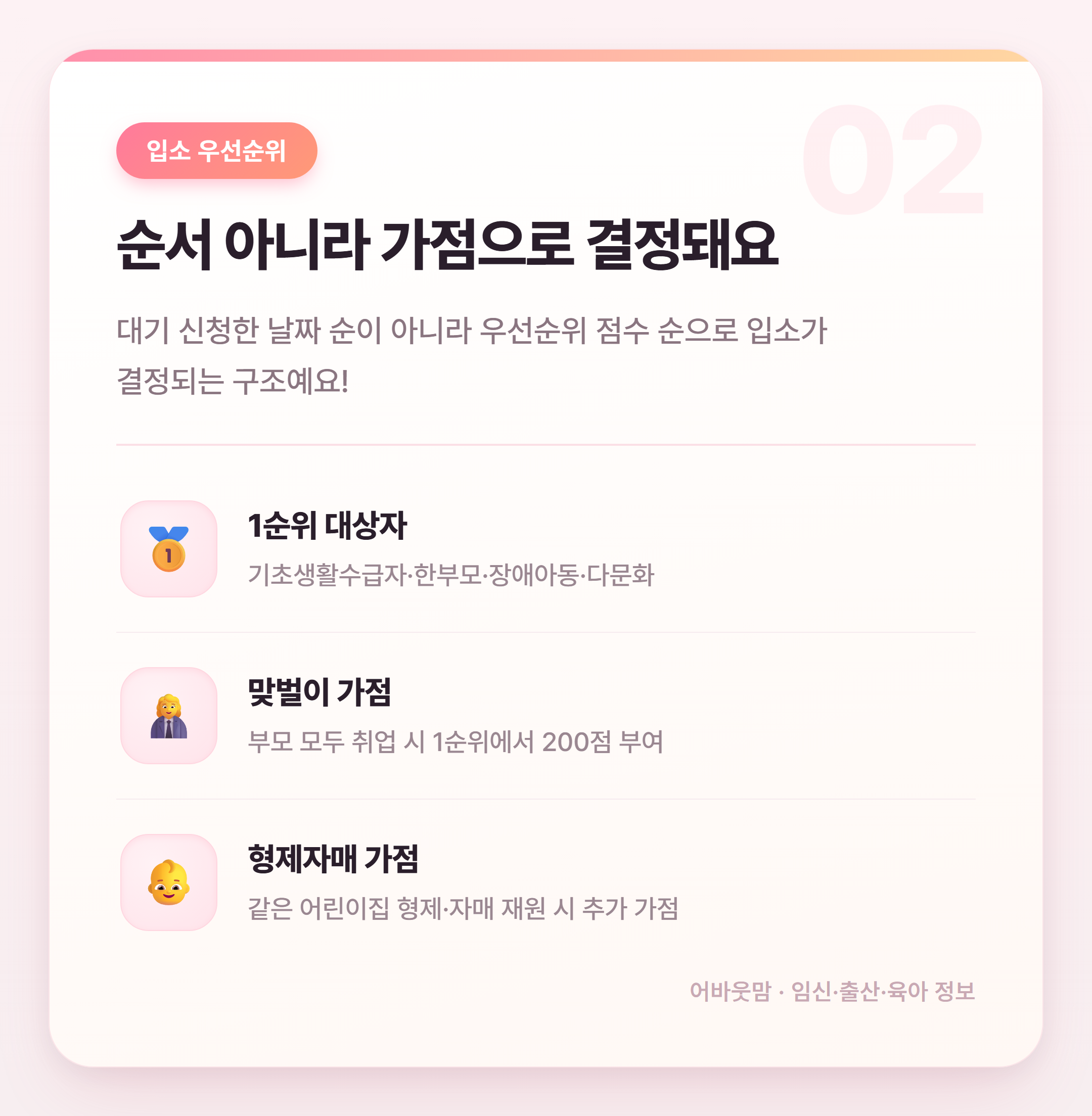 어린이집 입소대기 신청 방법과 우선순위 총정리 설명 카드