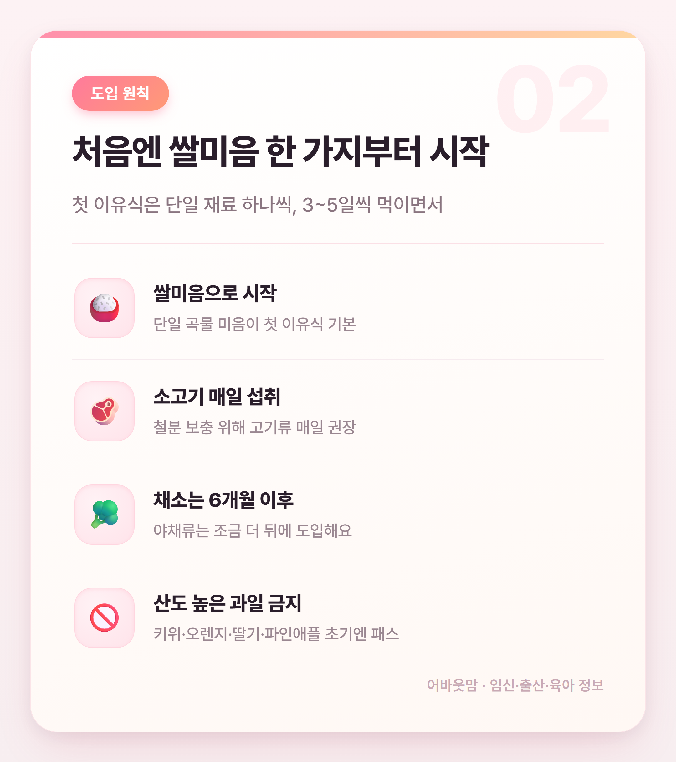 초기 이유식 식단표 공유 + 실전 팁 정리 설명 카드