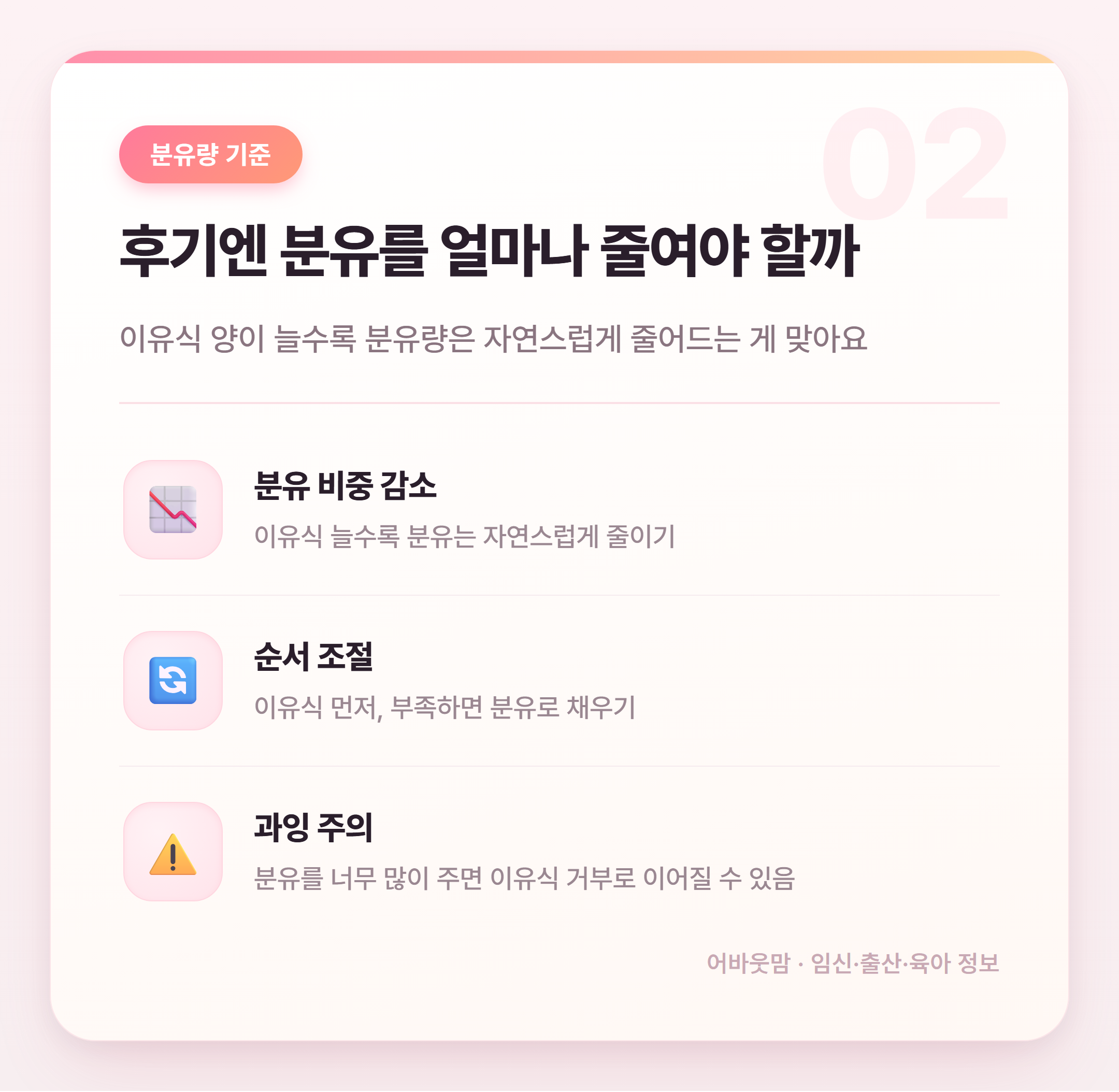 후기 이유식 시기 분유량 얼마나 줘야 할까 설명 카드