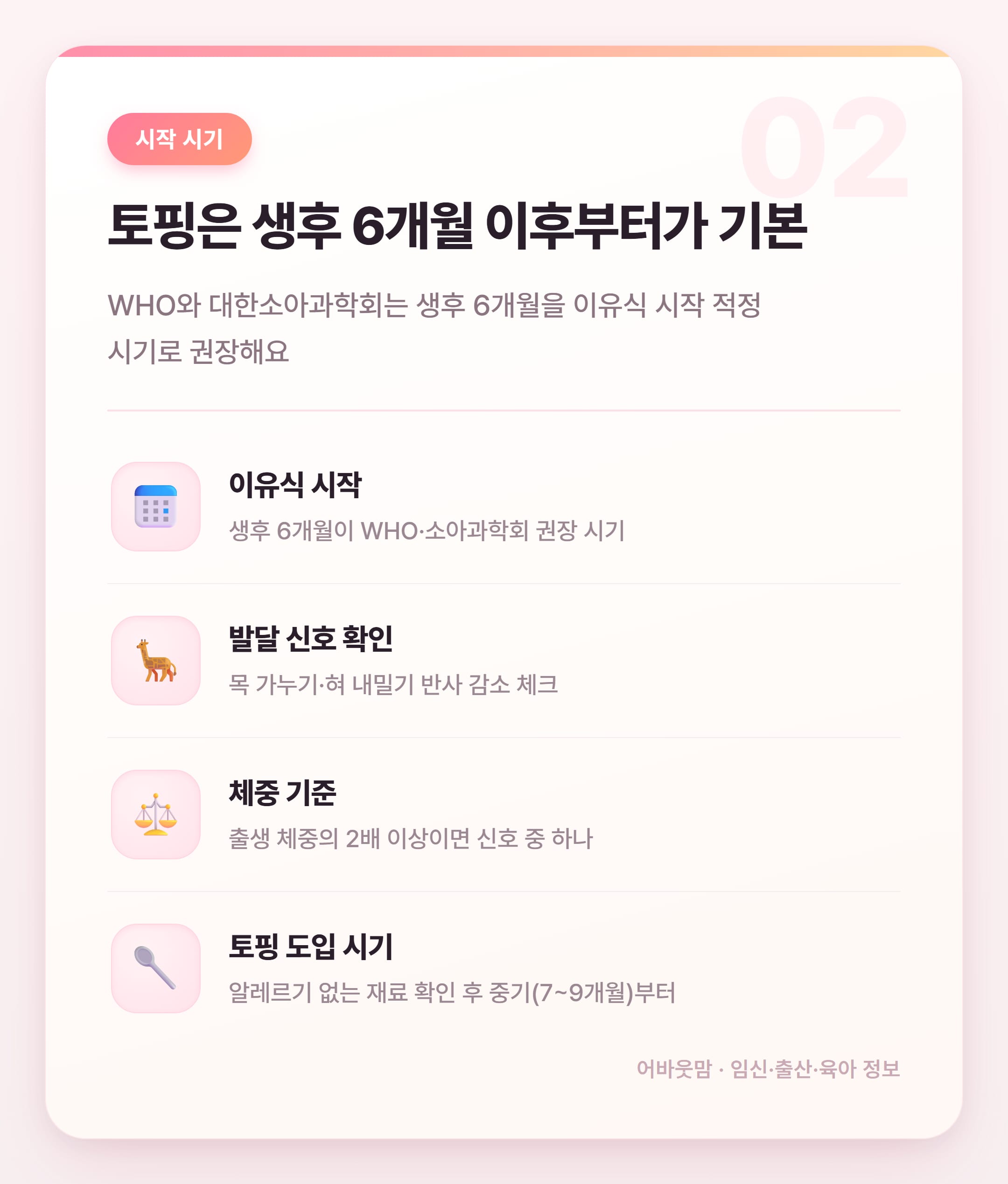 초기 이유식 식단표 토핑 뭘 올려야 할까 설명 카드