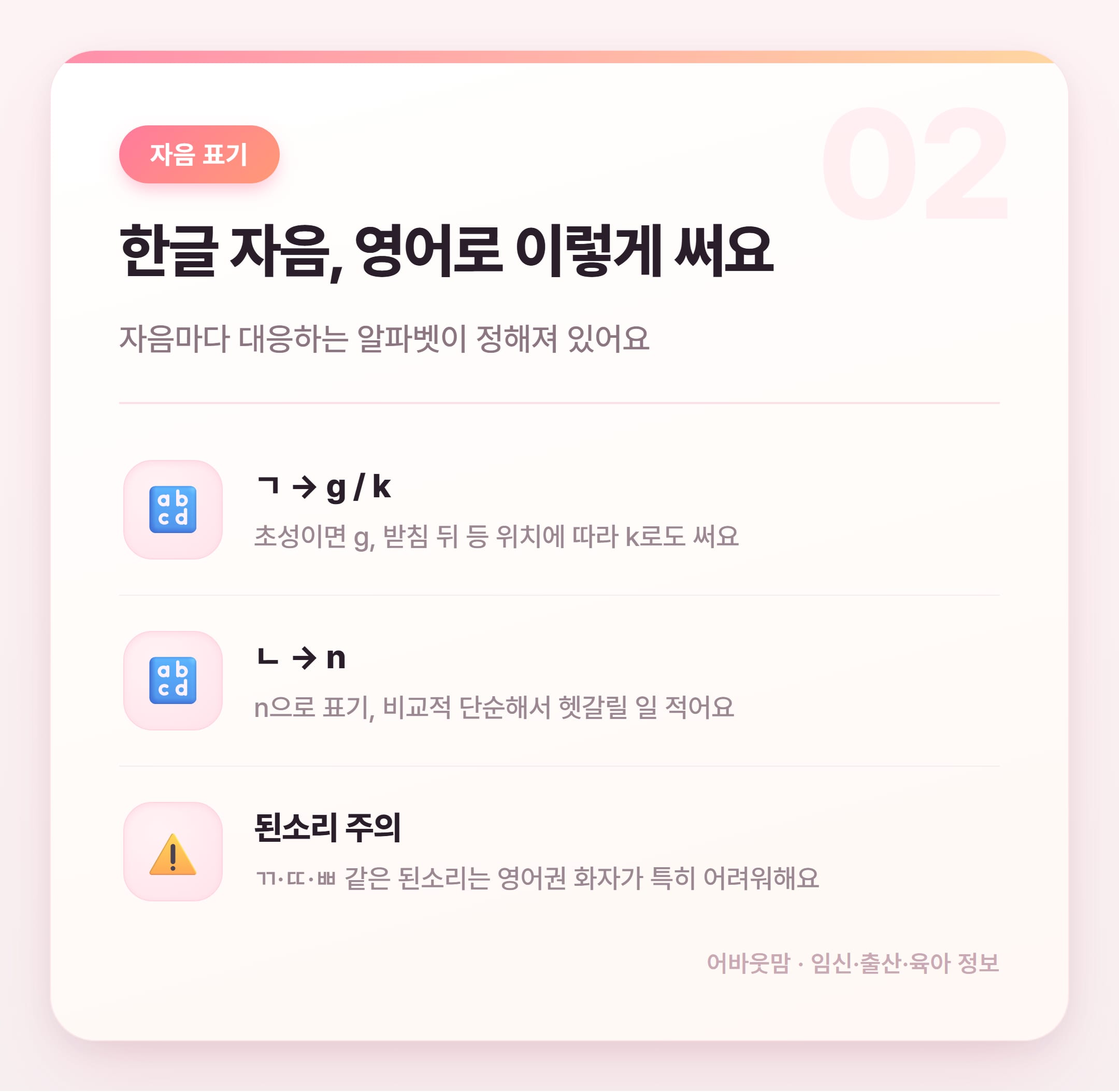 한글 자음 모음 영어로 표기하는 법 정리 설명 카드