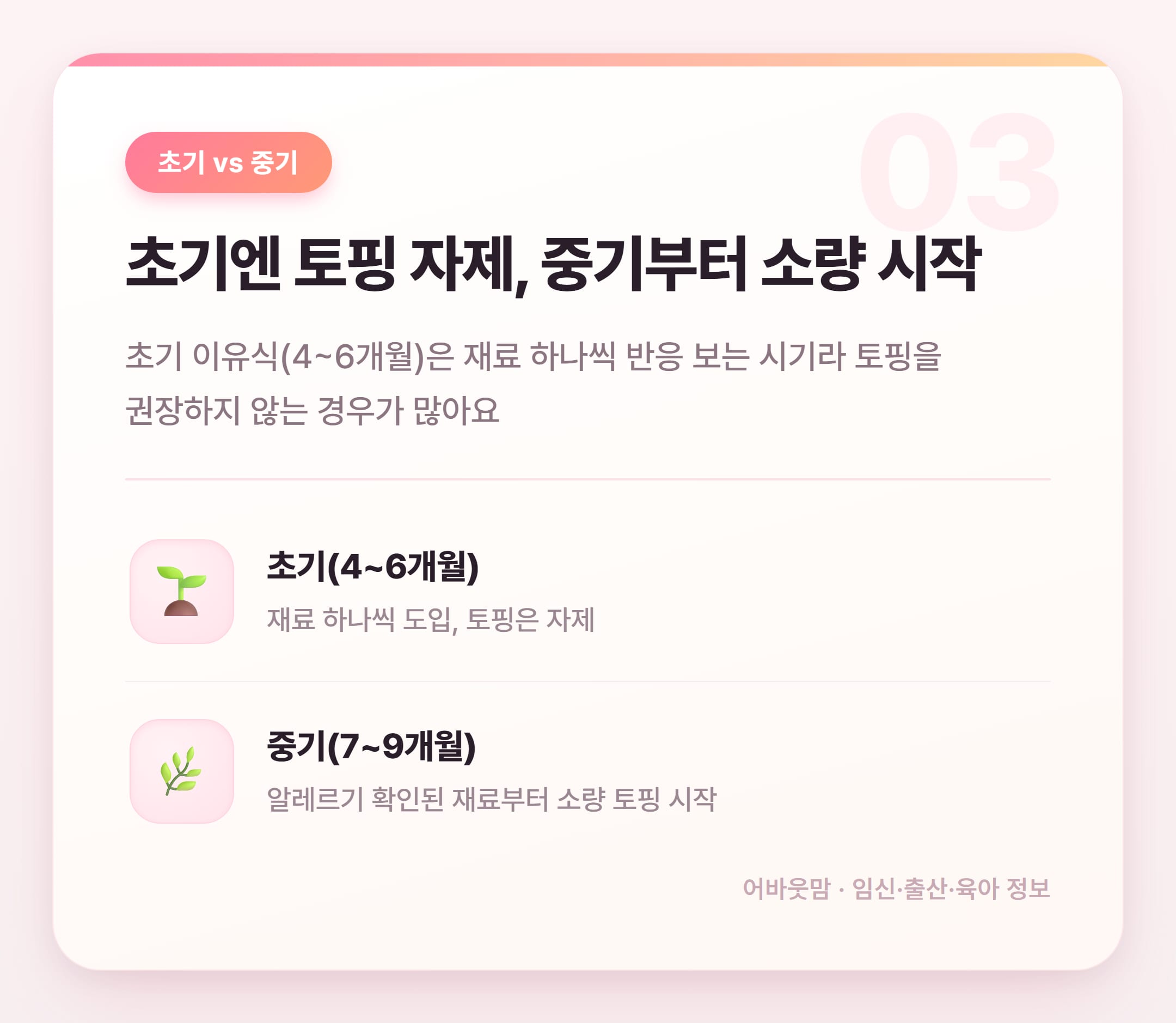 초기 이유식 식단표 토핑 뭘 올려야 할까 설명 카드