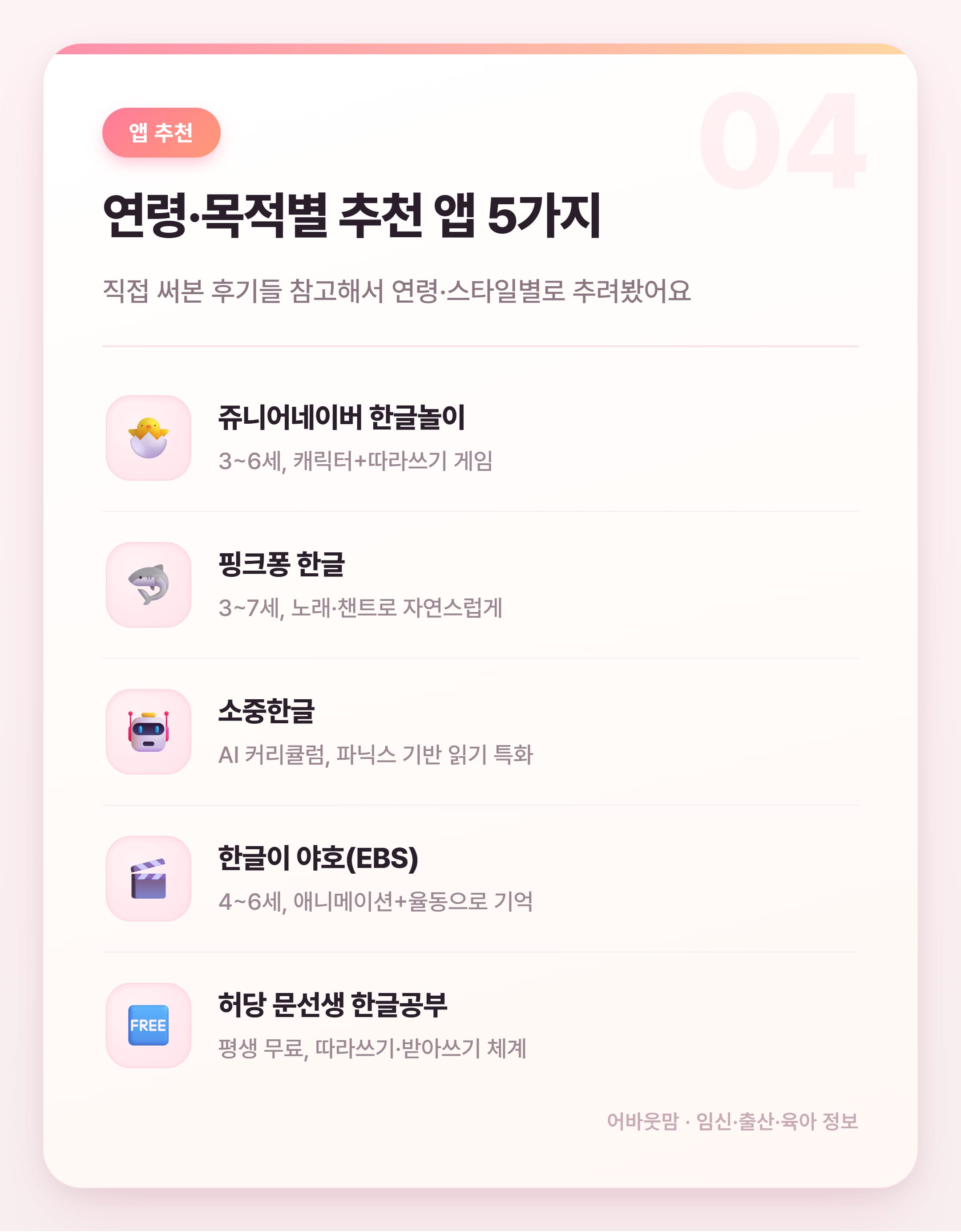 한글 연습 앱 추천 & 시작 시기 총정리 설명 카드