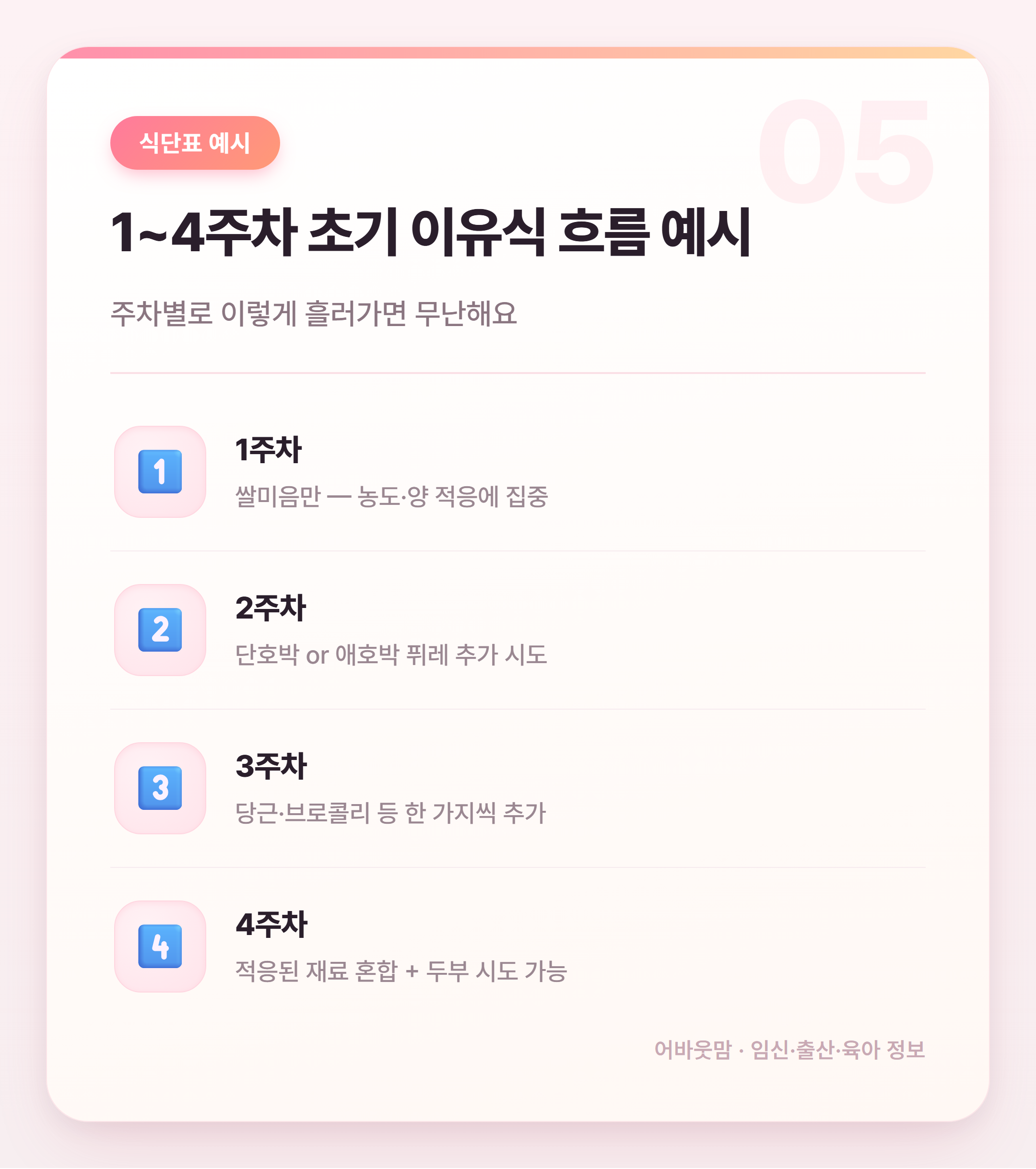 초기이유식 식단표 처음 짜는 법 정리 설명 카드