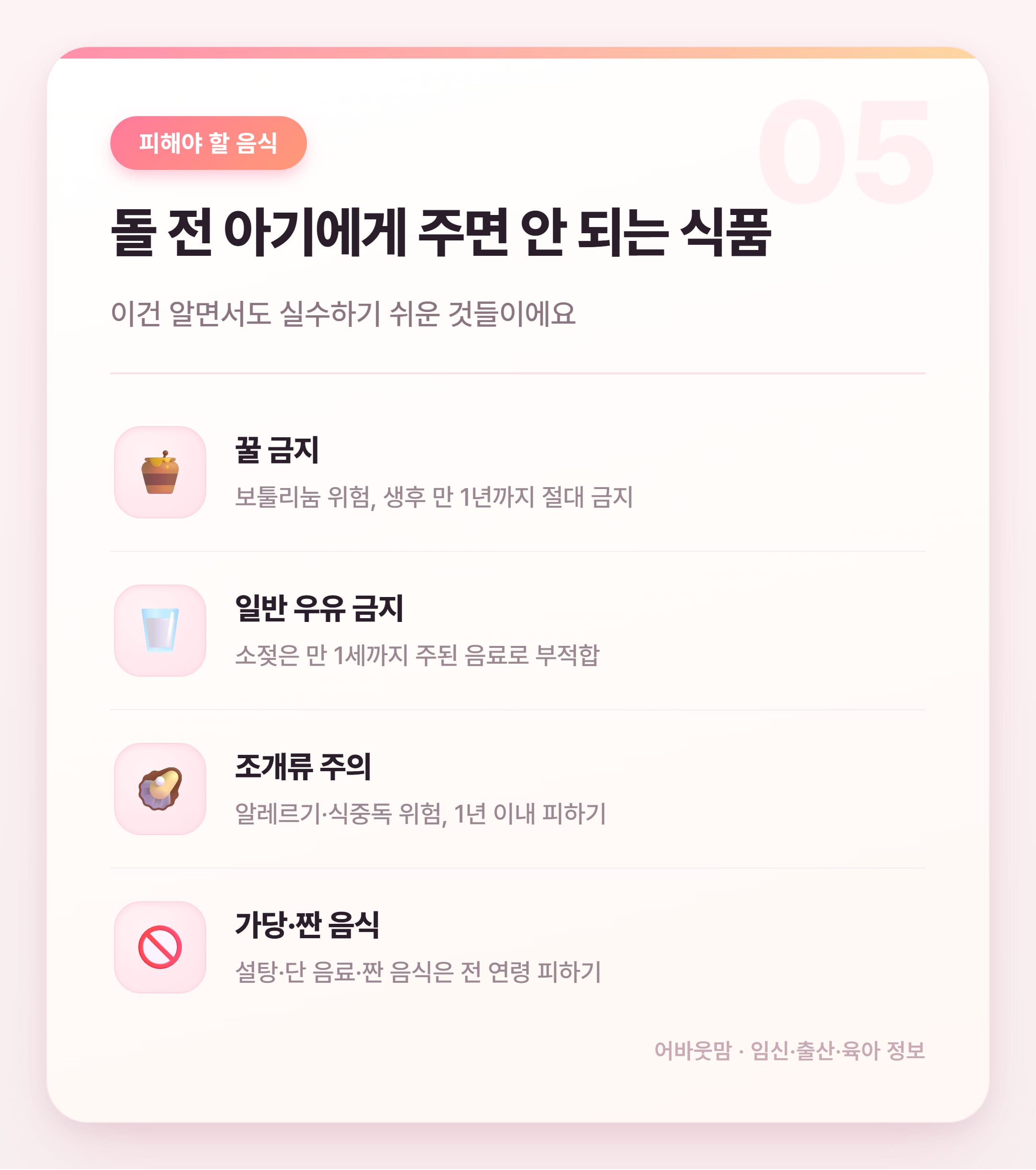 초기 이유식 시작 시기·재료·양 완전 정리 설명 카드