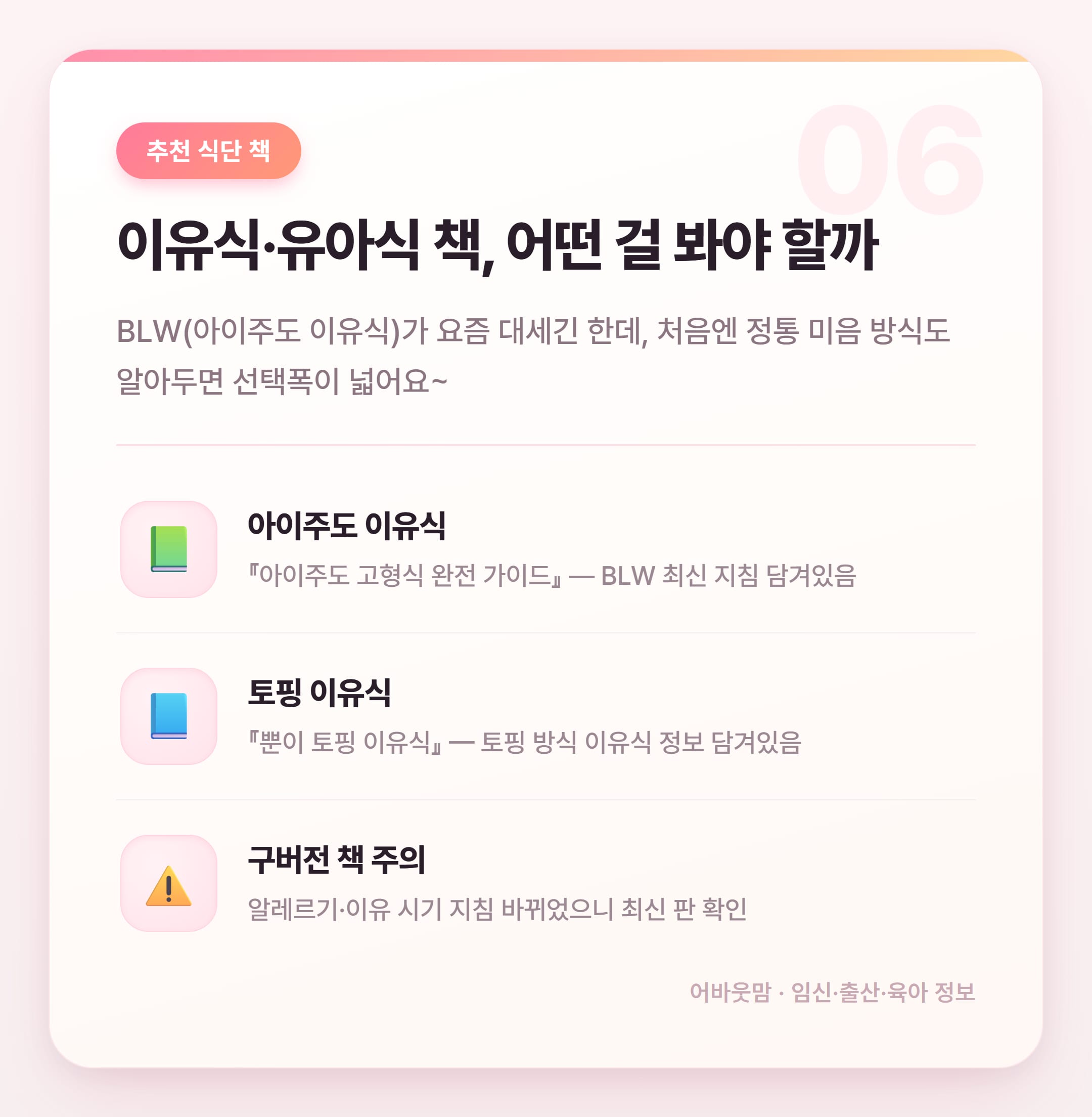 유아식 식단 책으로 정리한 이유식 단계별 가이드 설명 카드